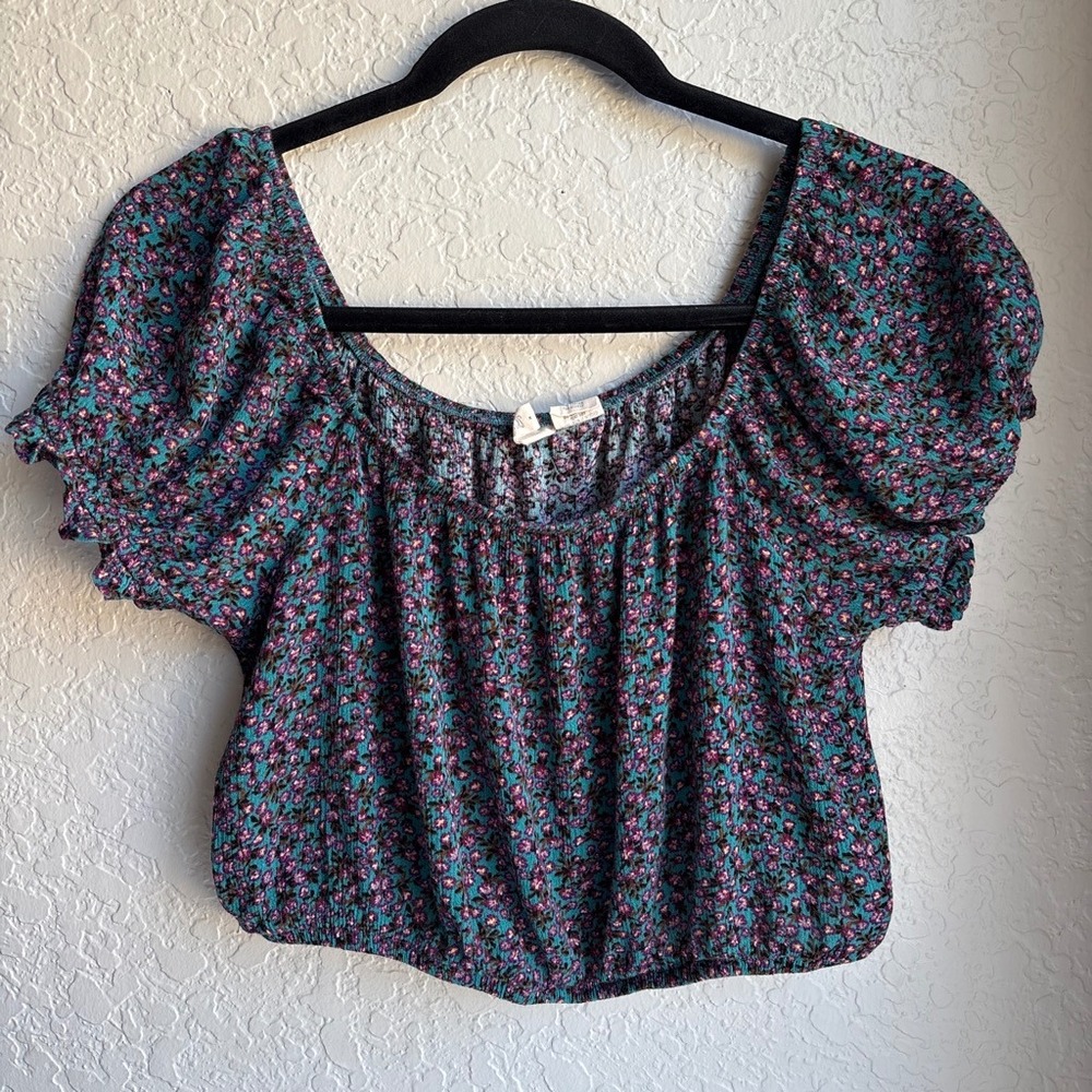 Women M Crop Top Floral Teal Purple Puff Sleeve Scoop Neck Festival Summer Boho